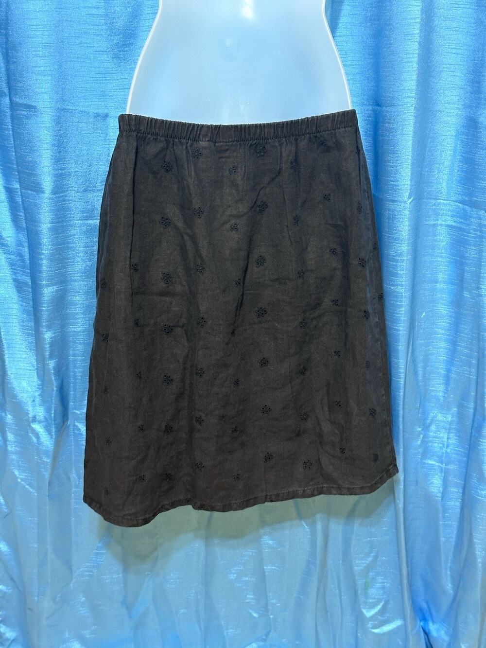 J.Jill Black Linen Skirt Cotton Lined Eyelet Midi Length SZ M Office Career